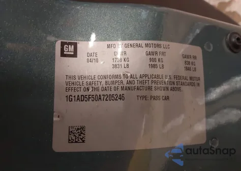 2010 Chevrolet Cobalt Lt z USA, uszkodzony, nr VIN 1G1AD5F50A7205246